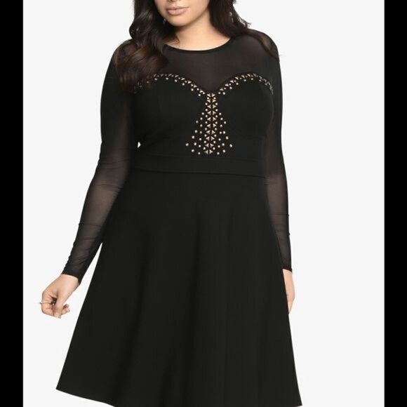 Torrid Black Long Sleeve Mesh Studded Rhinestone Skater Dress 3X 22-24 - Picture 10 of 10